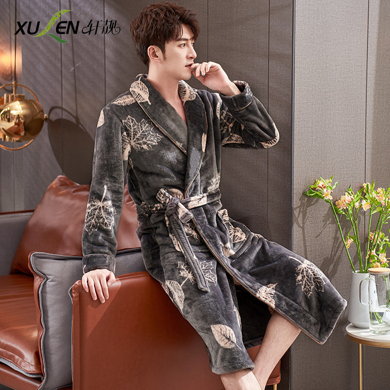 Nightgown Men's autumn and winter flannel thickened warm loose large size yukata winter coral velvet long version bathrobe pajamas