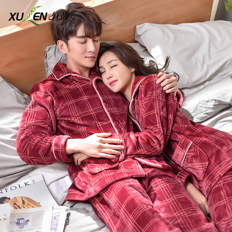 Autumn and winter long-sleeved coral velvet couple pajamas warm thickened large size men and women flannel homewear suit winter