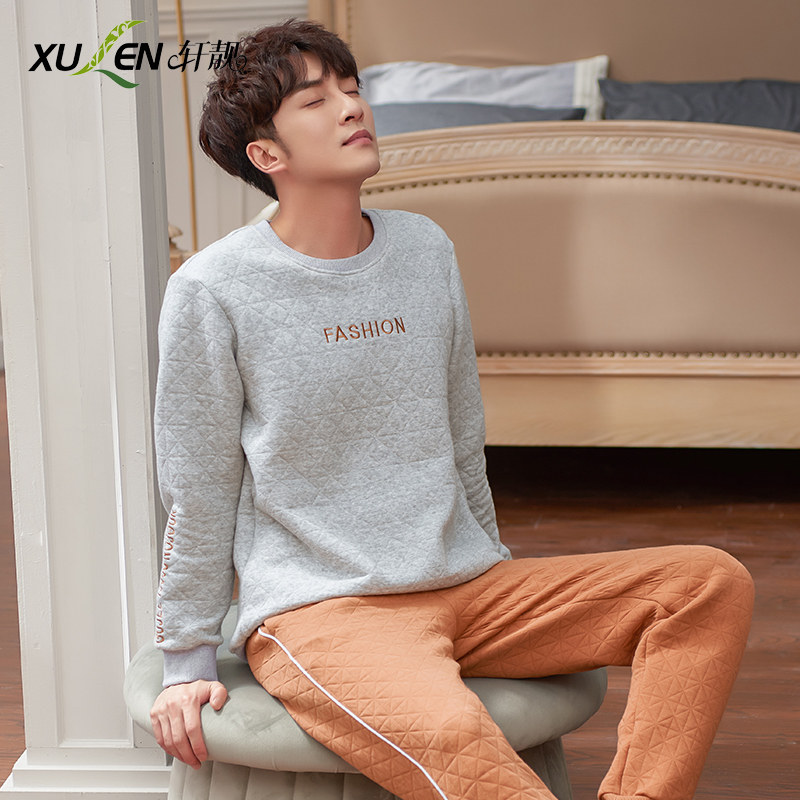 Pajamas men autumn and winter cotton long sleeves air cotton clip thin set spring and autumn large size can go out of the housewear
