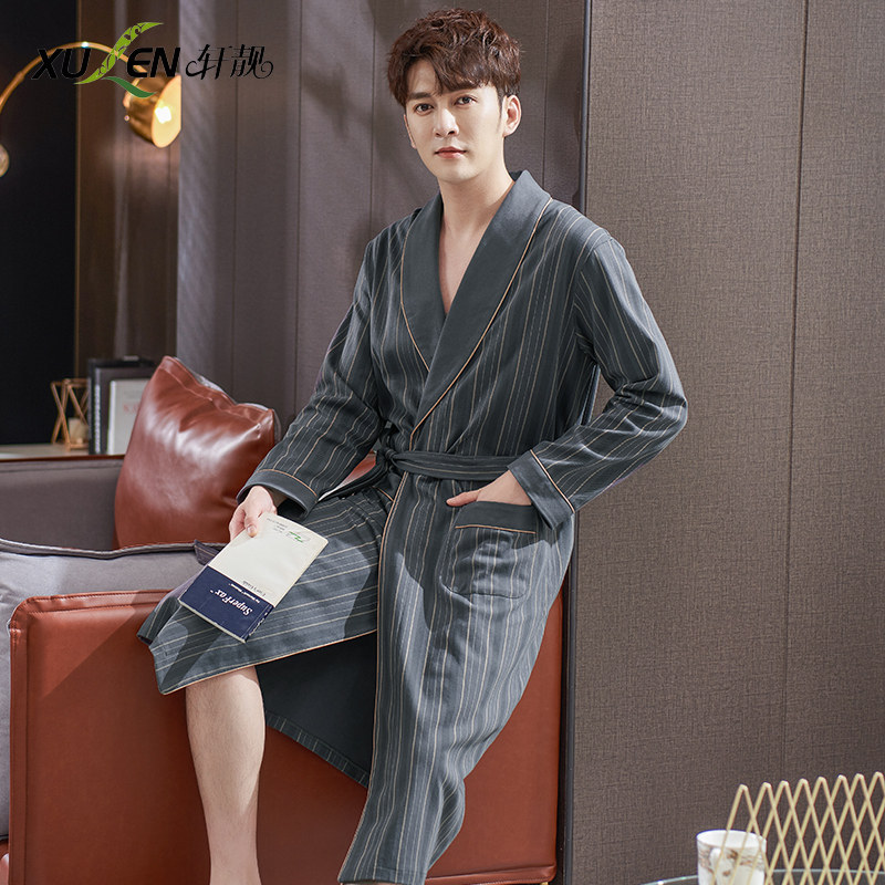 Skygown male spring autumn cotton long sleeve integrated pajamas bathrobe Japanese fat large-size loose bathrobe