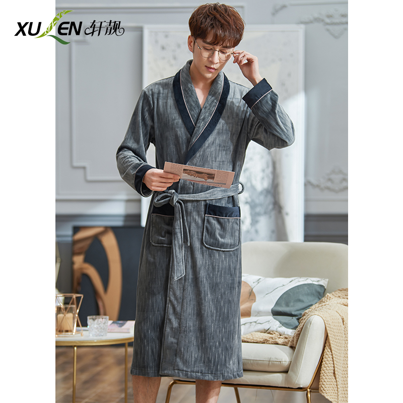 Flannel Sleeping Robes Men's Autumn Winter Long Version Warm Bathrobes Men's Thin Coral Suede Island Suede Men's Pajamas Winter