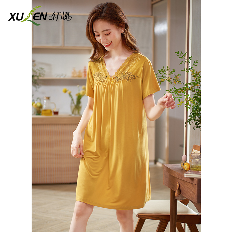 Modale Sleeping Dress Lady Summer Thin Ice Silk Sensation Short Sleeve Pyjamas Women's Summer Casual Home Dress Women's Dress