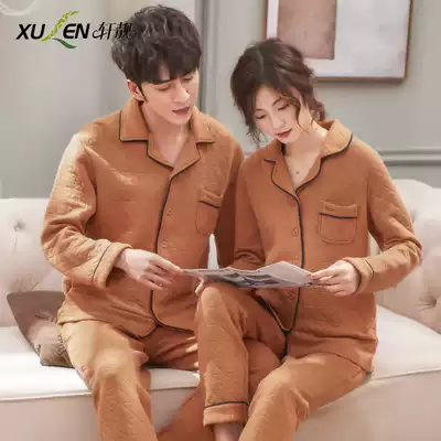Couple pajamas male Lady Spring and Autumn thick cotton long sleeve autumn and winter thin cotton cotton home clothing simple set