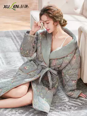Cotton dressing gown women winter cotton three layer thick warm cotton long version of bathrobe pajamas large size home clothes