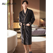 Nightgown men autumn and winter island velvet long sleeves warm and thickened plus velvet coral velvet home clothes morning robe bathrobe spring and autumn