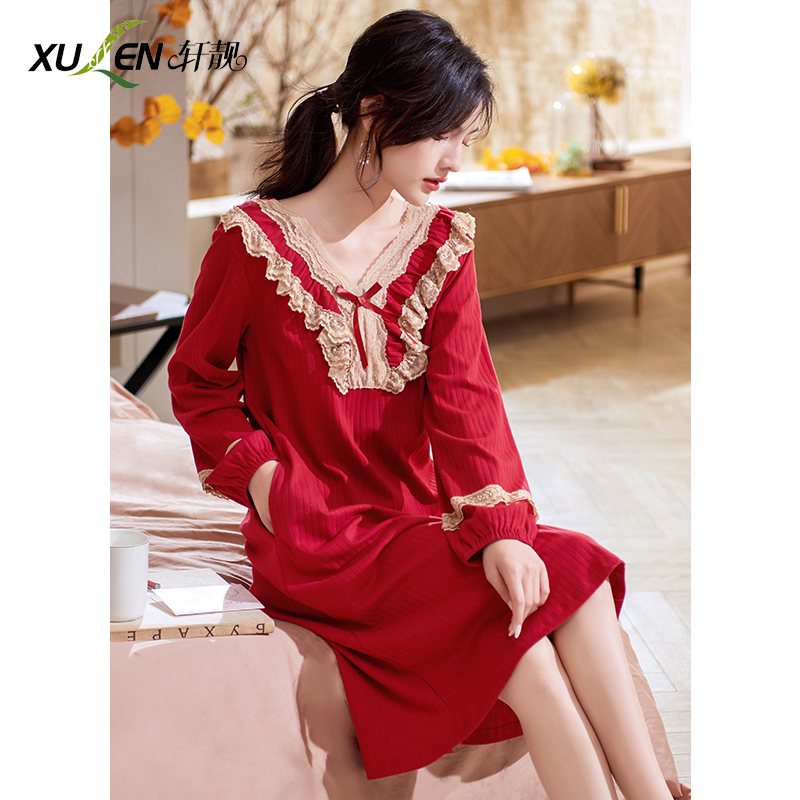 Red Sleeping Dress Woman Spring Autumn Season Pure Cotton Long Sleeve Bridal Wedding Lace Pyjamas House Dress Newlyweds Sexy Foreign Dress
