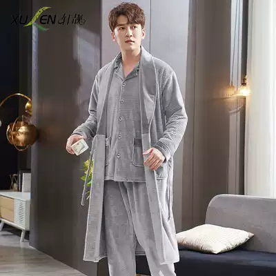Island velvet men's pajamas three-piece set spring and winter thickened warm long version coral velvet robe home clothing bathrobe