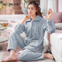 Pajamas Ladies Autumn Winter Flannel Thickened Plus Plush Long Sleeves Warm Coral Velvet Home Wear Simple Set