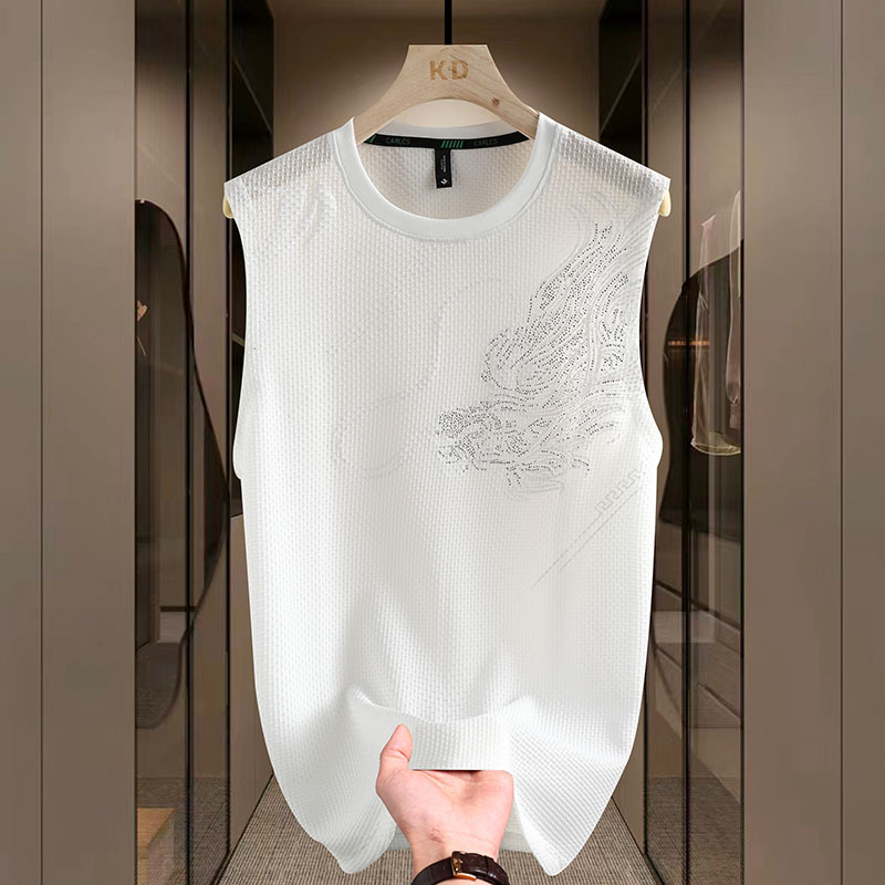 Summer New Style Ice Silk Rhinestone Dragon Pattern Round Neck Vest Men's Fashion Sleeveless T-Shirt Thin Breathable Loose Waistcoat