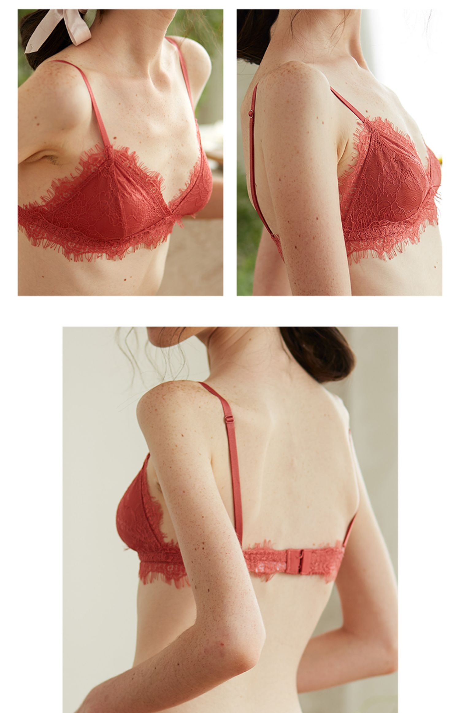 Frye Girl Freelass Orange Red Lông mi Ren Pháp Balette Ngực nhỏ Bộ áo ngực - Bộ đồ lót áo lót đúc