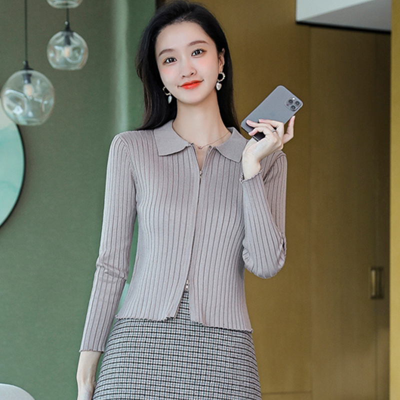 Trendy Short Sweater Cardigan for Women with a Turn-Down Collar, 2026 Autumn and Winter, Petite Slim Fit, High-Waisted Zip-Up Knit Jacket Trendy Short Sweater Cardigan for Women with a Turn-Down Collar, 2026 Autumn and Winter, Petite Slim Fit, High-Waisted Zip-Up Knit Jacket