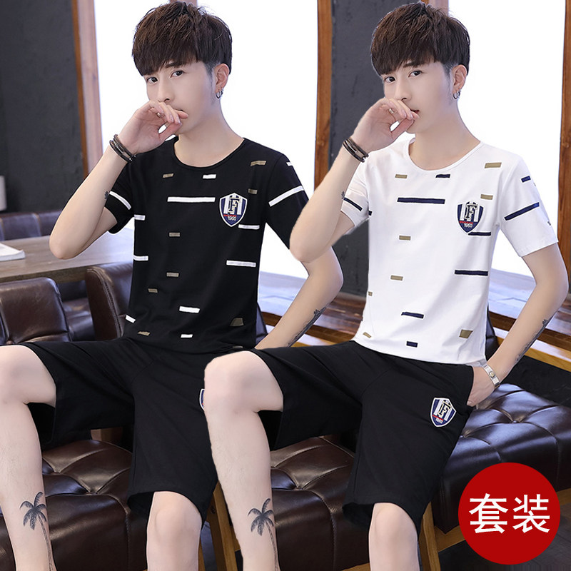 Summer men's T-shirt trendy handsome short-sleeved shorts clothes set with men's casual sports suit mature