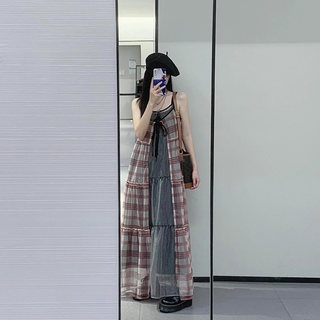 Robe à bretelles en maille à carreaux rétro japonais pour femmes en automne et en hiver, nouvelle couleur contrastée, jupe superposée amincissante, jupe longue en gaze