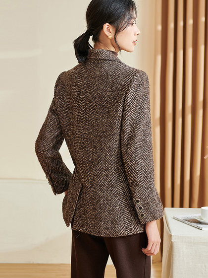 米思阳2023冬季新款轻奢质感西装外套混纺夹花羊毛呢子西服女3659