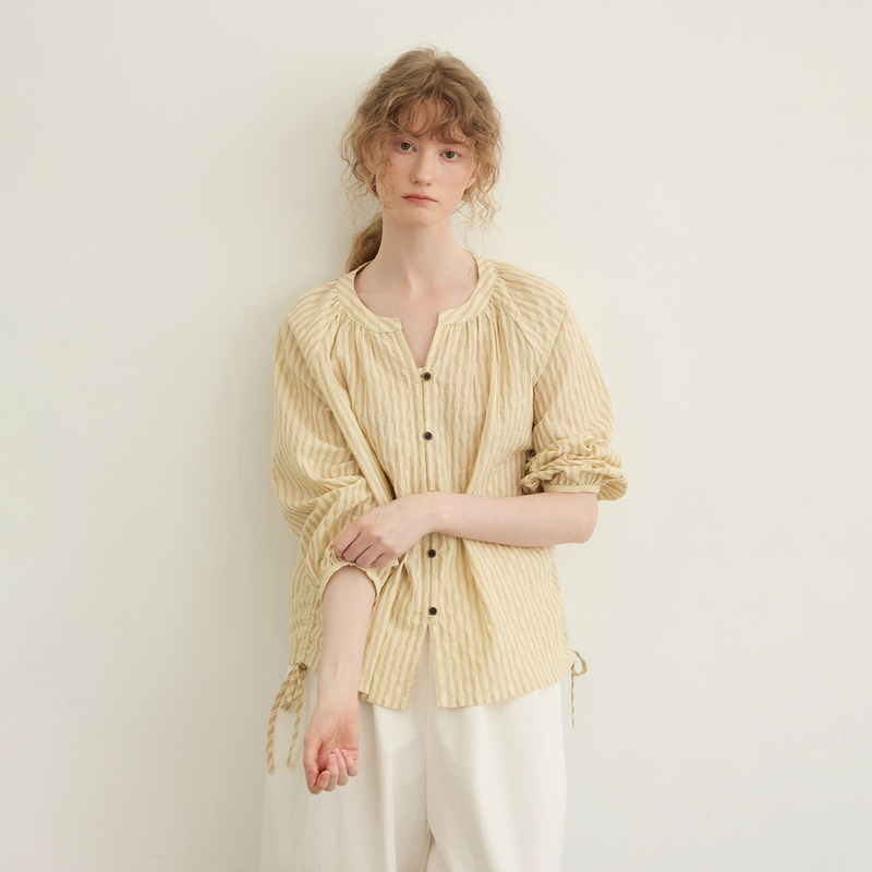 Uihasd Light Sun Soft Breeze' Yellow Striped Ruched Tie Shirt for Women, Simple Casual Half-Open Collar Long-Sleeve Top Uihasd Light Sun Soft Breeze' Yellow Striped Ruched Tie Shirt for Women, Simple Casual Half-Open Collar Long-Sleeve Top