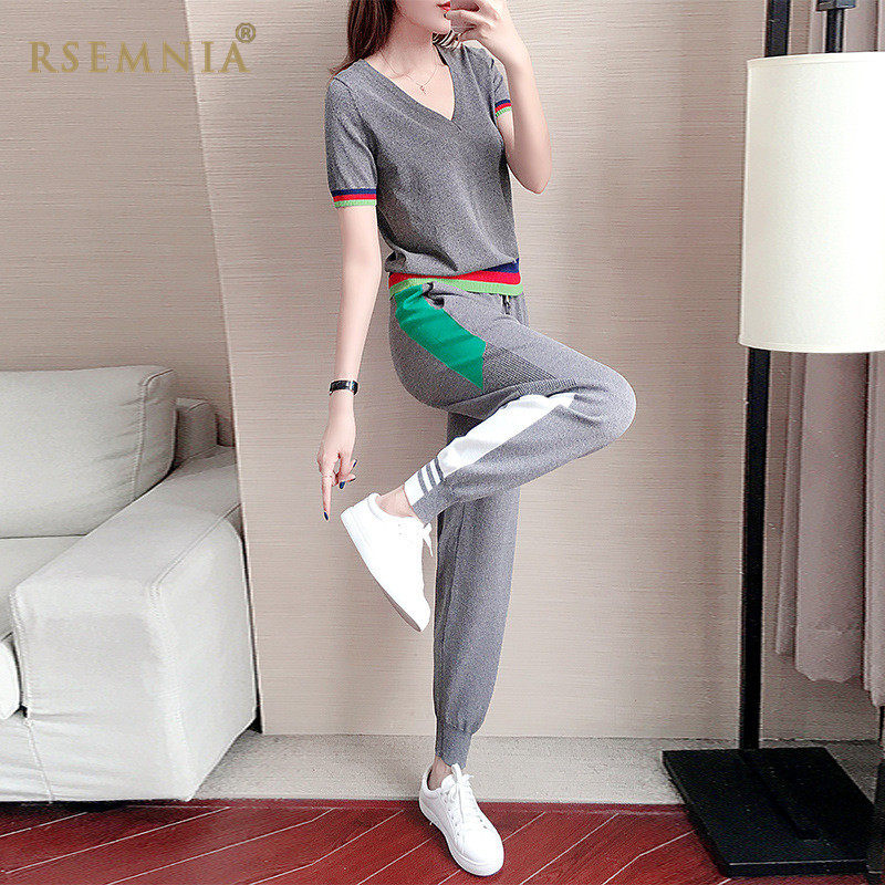 Rsemnia Sports Suit Women Fall New 2021 Fashion Foreign Pie Age Ice Silk Casual Short Sleeves Two Sets