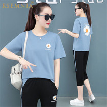 Rsemnia small wrinkle chrysanthemum fat mm size women sports suit loose short sleeve Capri pants casual wear two-piece set