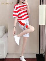 Rsemnia Fashion Set Women Summer Striped Short Sleeve Shorts Two Piece Casual Loose Tide Sports Running Clothing