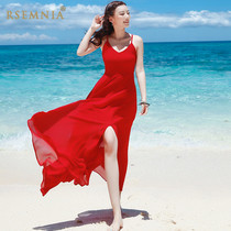 Rsemnia red suspenders long dress chiffon dress summer backless skirt honeymoon seaside resort beach dress