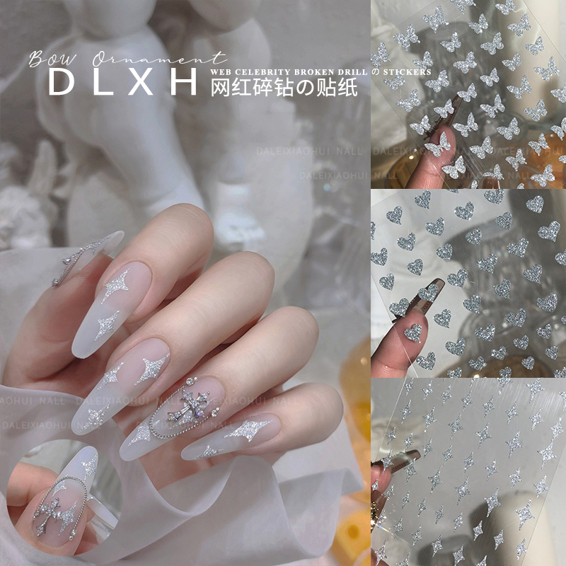 Net Red Broken Diamond Loving Beauty Nail Sticker 2023 New Ultra Shiny Silver Powder Small Bear Star Mango Butterfly Back Gum Nail Appliquer-Taobao