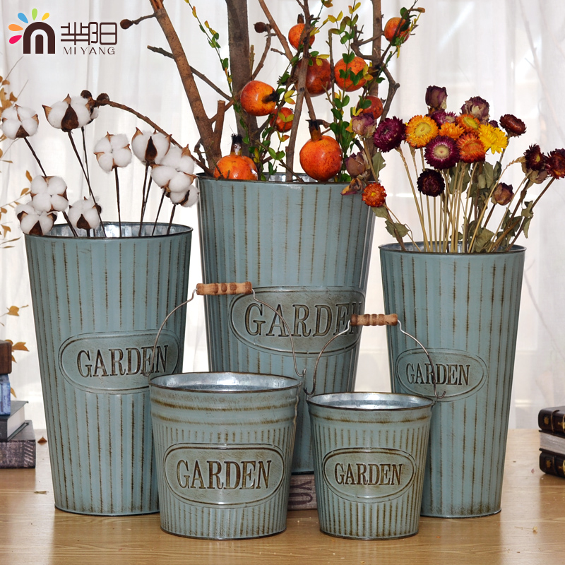 (Mi Yang) retro iron flower bucket flower pot pot American vase iron flower Flower tube flower shop window display decoration