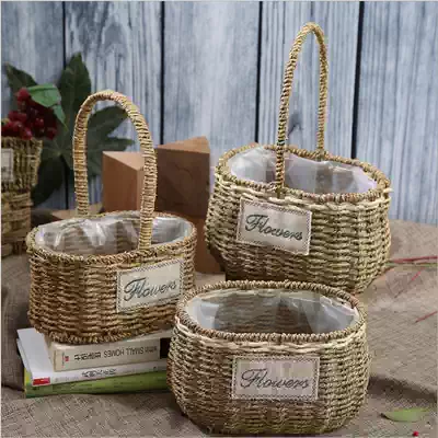Pure handmade straw flower basket carrying basket European style pastoral creative rattan flower arrangement basket green plant fleshy flowerpot flower pot