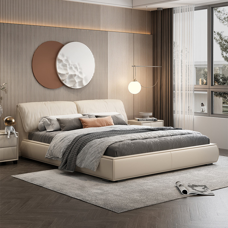 Italian minimalist leather bed double bed modern minimalist big bed master bedroom wedding bed light luxury bed elephant ear bed