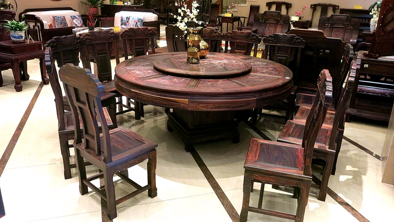 Bàn ghế gỗ gụ Dahuitang Gỗ hồng mộc Broadmeaf Bàn tròn 1,8 m 13 bộ bàn ăn nhẹ nhà hàng kết hợp bàn ăn nhà hàng - Bộ đồ nội thất giường ngủ đẹp