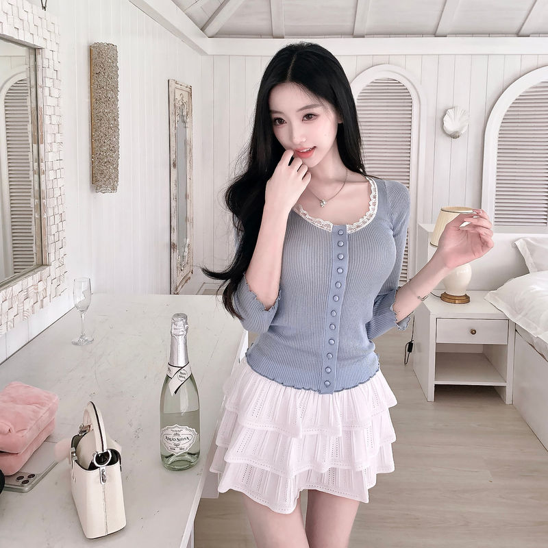Ye Jia Nailah【Two-Tone Soft Knit】Pure Desire Ch1Oe Thin Knitted Women's Summer U-Neck Air Conditioning Shirt Top Ye Jia Nailah【Two-Tone Soft Knit】Pure Desire Ch1Oe Thin Knitted Women's Summer U-Neck Air Conditioning Shirt Top