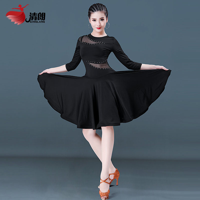 Qinglang Latin dance Costume Women Adults Upscale New Ocean Dress Summer Long Sleeves Big Swing Dance Performance Practice