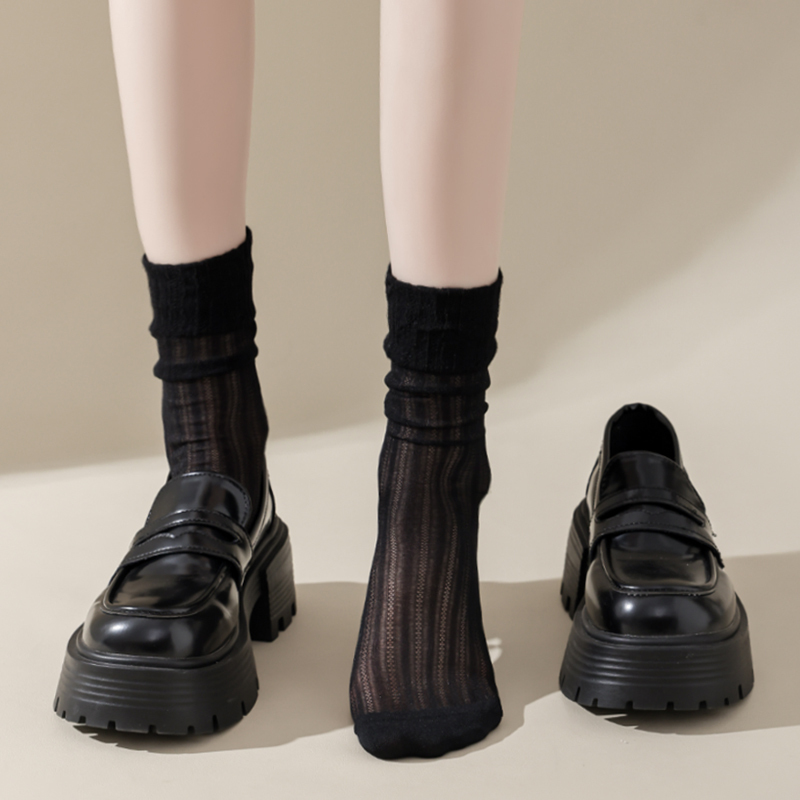 Black Ice Silk Socks Paired with Small Leather Shoes, Slouch Socks for Women, Summer Thin Mid-Calf Socks, Ice Silk Cool Feeling, Ballet Style, White