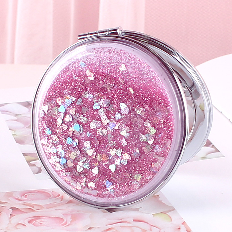 Girly Heart Student Quicksand Double-sided Magnifying Mirror Cute Handheld Small Portable Flip Folding Makeup Mirror