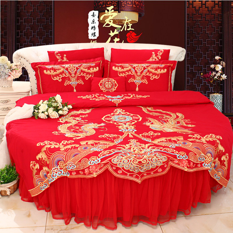 New pure cotton wedding celebration round bed multiple sets of four sets multi-kit wedding celebration wedding red large red dragon phoenix embroidered 2m