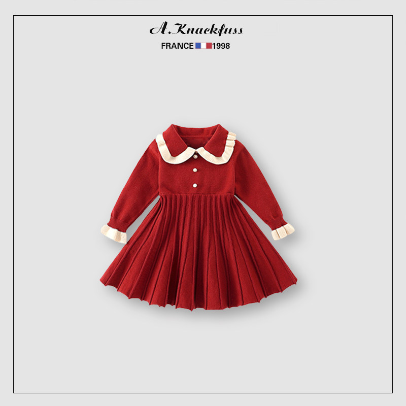 Celebrity style ~ girls' red dress! Fashion A.Knackfuss Autumn/Winter Kids Foreign Knitted Princess Dress