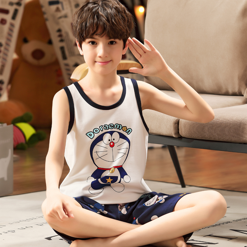 Vest boy summer pyjamas thin section pure cotton children suit children summer clothes cross bar sleeveless shorts suction sweat home conserved-Taobao