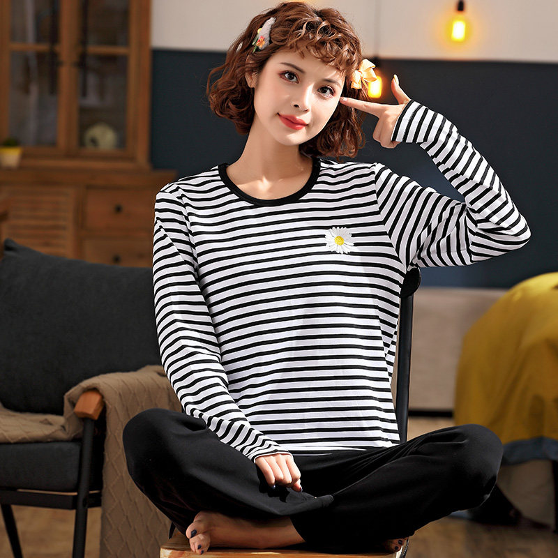 Sleepwear Woman Spring Autumn Season Long Sleeves Pure Cotton Gats Up overweight mm200 catty Loose Stripes Home Conserved Women Suit