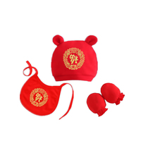 Baby Full Moon Festive big red hat Saliva Towels 100 Day Care Gloves Baby Hat Pure Red Cotton Socks-like Woncap