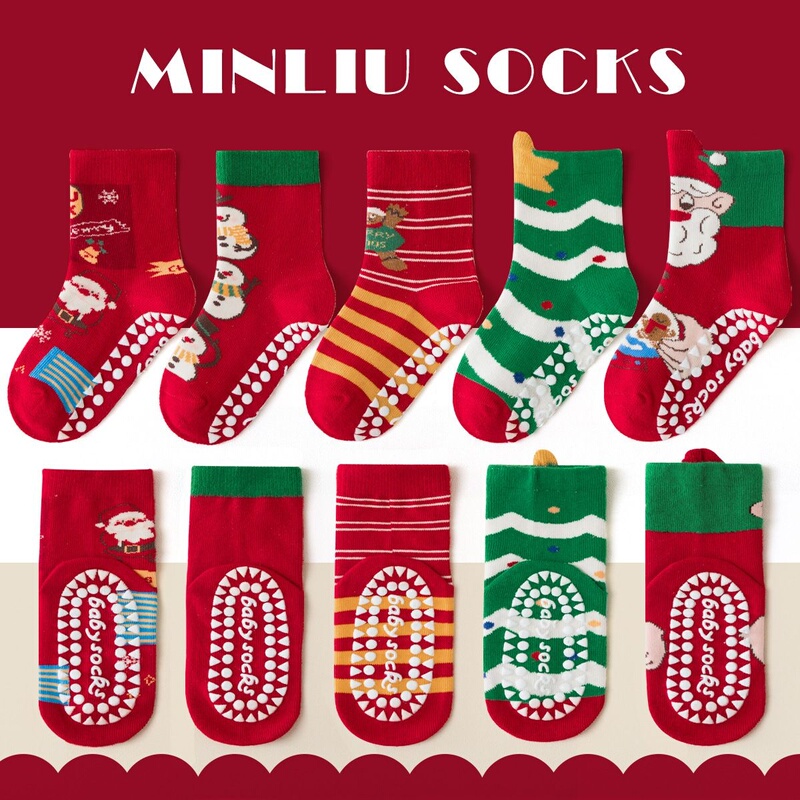 5 Pairs of Kidsren's Floor Socks with Anti-Slip Dots, Toddler Socks, Baby Red Christmas Socks, Cotton Mid-Calf Socks for Boys and Girls