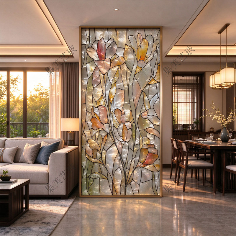Modern Abstract Art Glass Partition for Bedroom and Bathroom, Tempered Light-Transmitting Rotating Screen with Hand-Painted Enamel