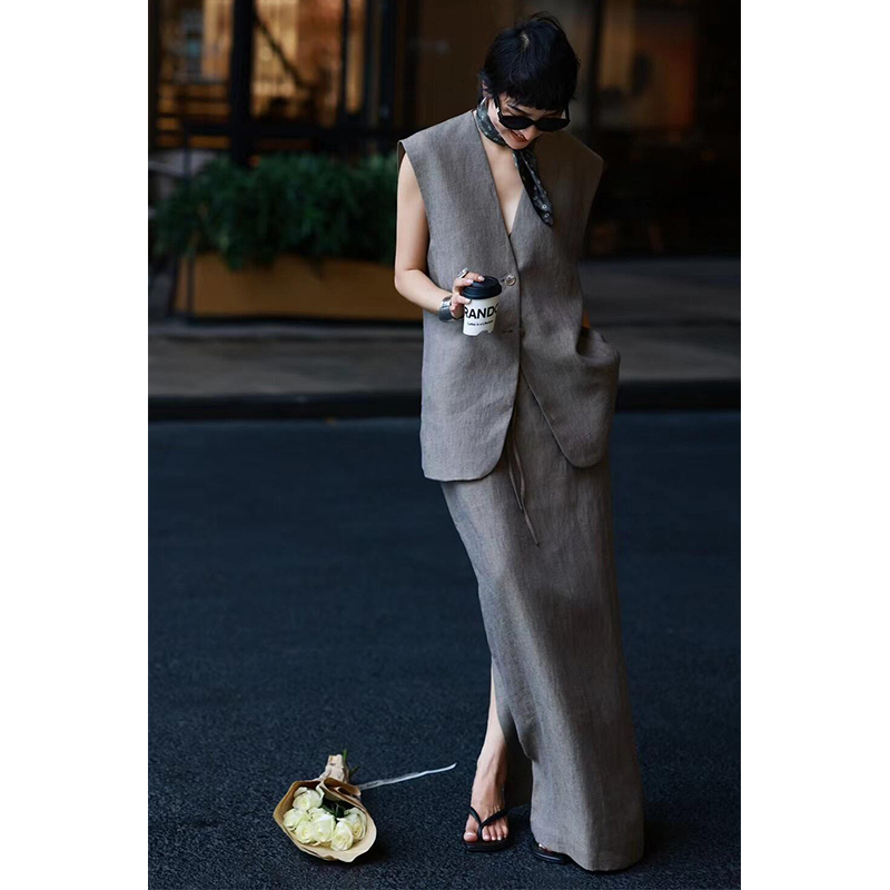 Old Money Style High-End Linen Suit Dress for Women, Summer Workwear, Elegant Sleeveless Blazer Vest, Wide-Leg Pants Two-Piece Set Old Money Style High-End Linen Suit Dress for Women, Summer Workwear, Elegant Sleeveless Blazer Vest, Wide-Leg Pants Two-Piece Set