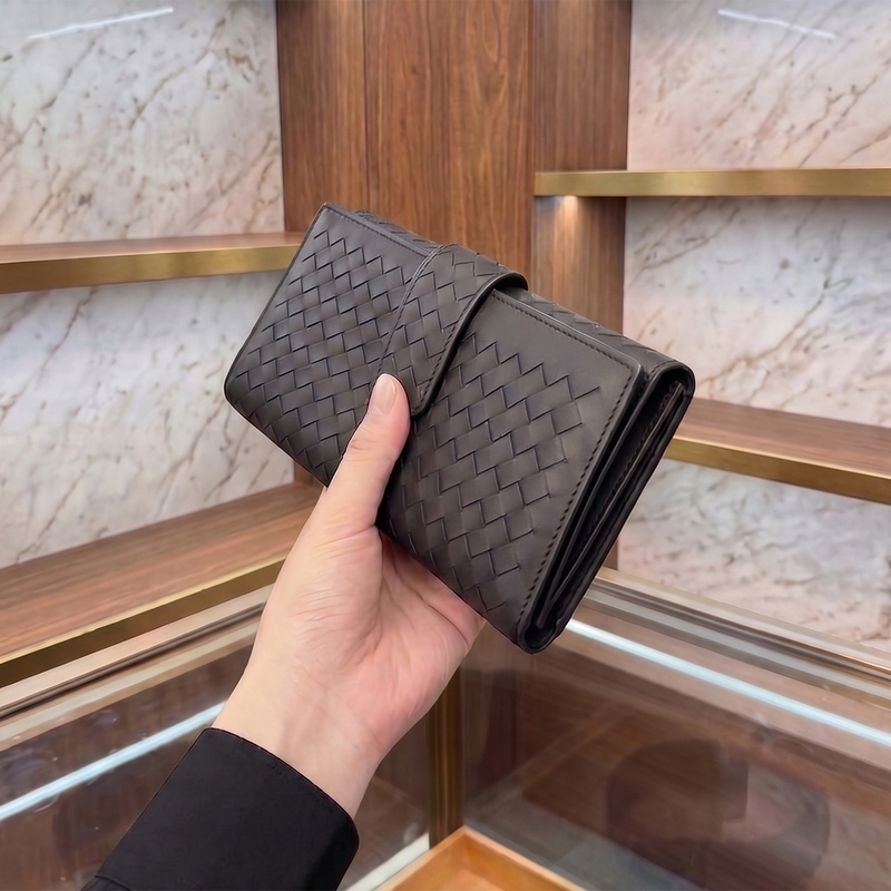 Bv Genuine Leather Wallet Clutch Card Holder Document Holder Coin Purse Long Style First Layer Calfskin Pure Handmade Woven Simple