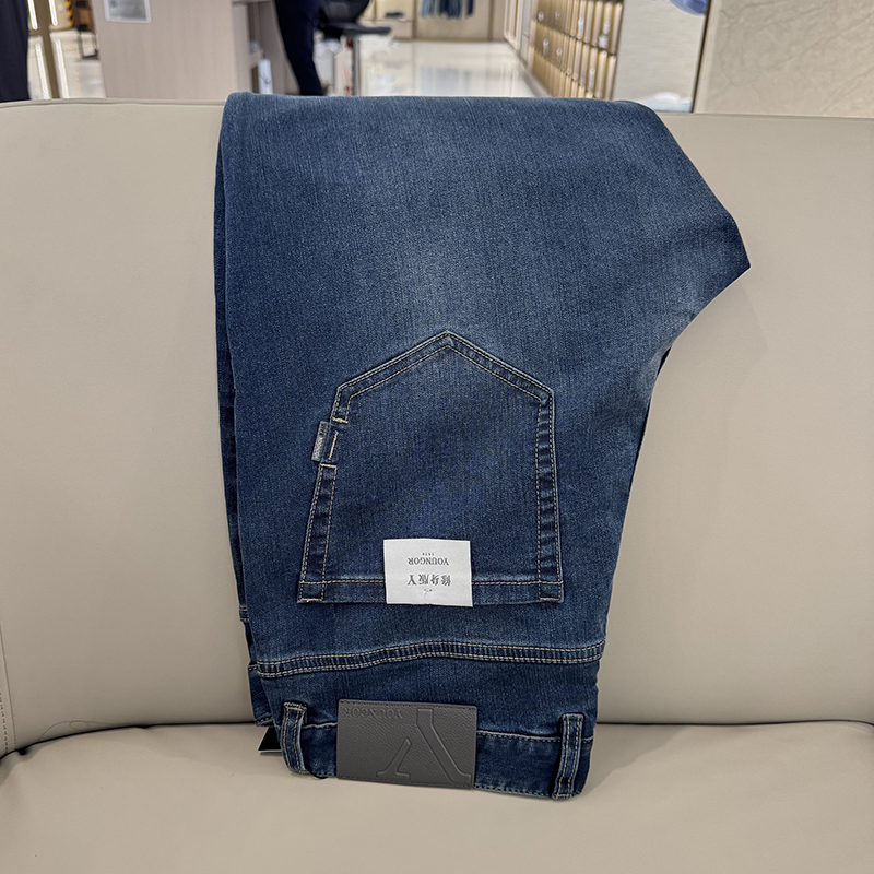 Youngor Men's Jeans, Cotton and Hemp Blend, Thin, Slightly Stretchy, Slim Fit Denim Trousers 330555Hwy
