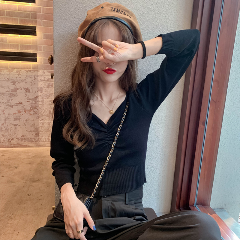 2022 Spring and Autumn New Korean Retro Square Neck Short Jacket Women Slim Long Sleeve Joker Knitted Backing Shirt