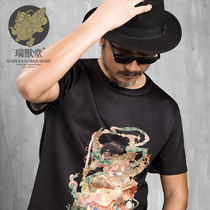 (Mens Ruins) Ming Wang China Wind Youth Round Collar Short Sleeve Printed Personality Vintage T-shirt