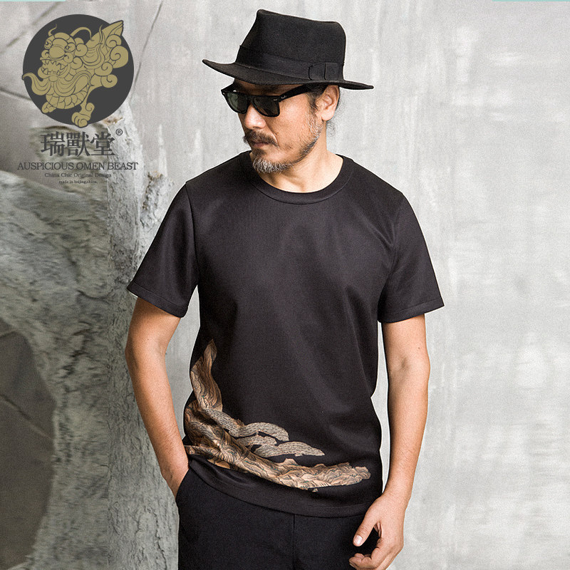 (Men's Rui Beast Hall) Guan Shan Chinese style landscape print design personality half sleeve retro simple short sleeve T-shirt