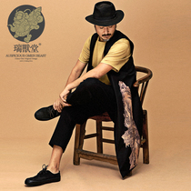 (Mens Beast Hall) High Loft China Wind Bifacial Wearing Vegan Black Plus Print Flowers Straight Lapels In the Mens Costume Men