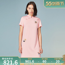 (mustard original) Tong tube Chinese wind embroidery design inclined flap disc buckle upright collar short sleeve Improved qipao dress