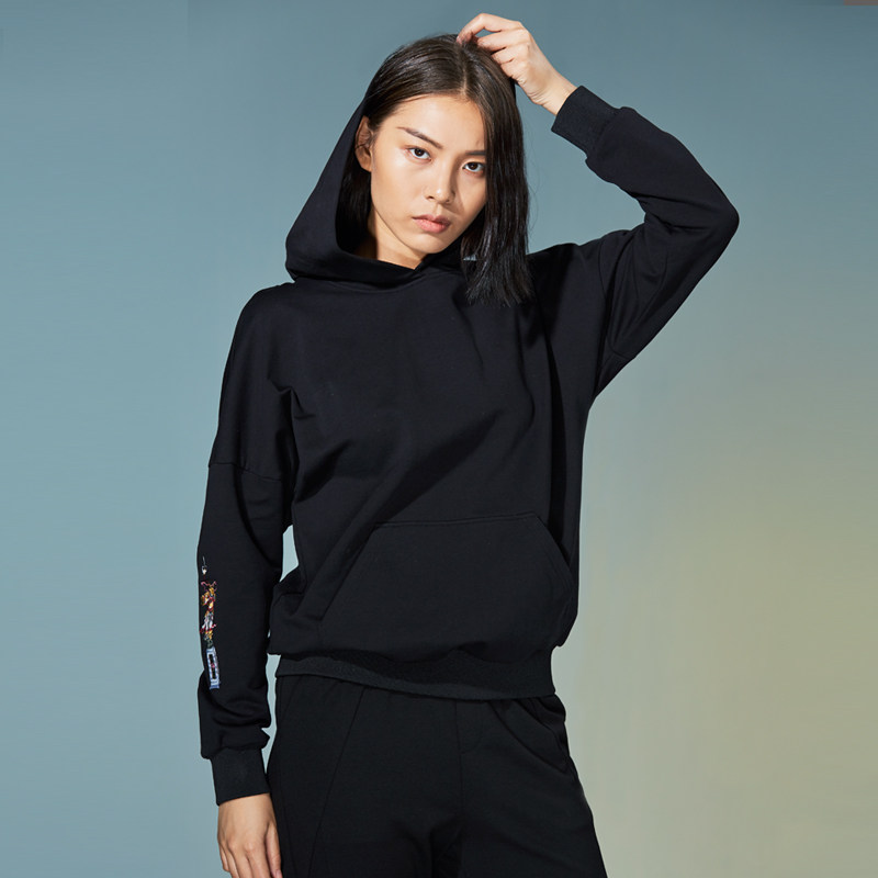 (Mustard Original) Different Printing Retro Hand Embroidered Loose Casual Hooded Pullover Trendy Black Sweater Women's Models