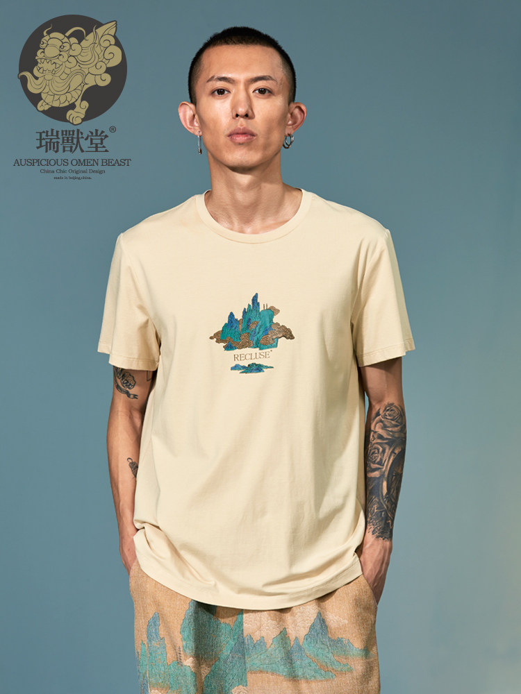 (Men's Rui Beast Hall) Skyline Chinese style round neck pullover short-sleeved top printed couple retro T-shirt men