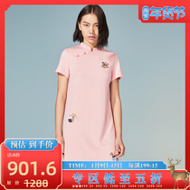 (Mustard original) Tong tube Chinese style embroidery design oblique flap buckle stand collar short sleeve improved cheongsam dress